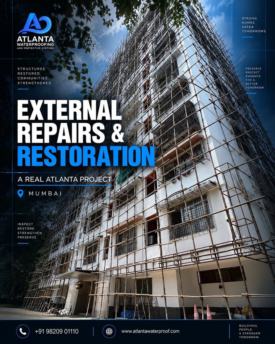 Instagram graphic on external building restoration covering plaster repair, RCC rehabilitation, carbon wrapping, exterior painting and ACP work.