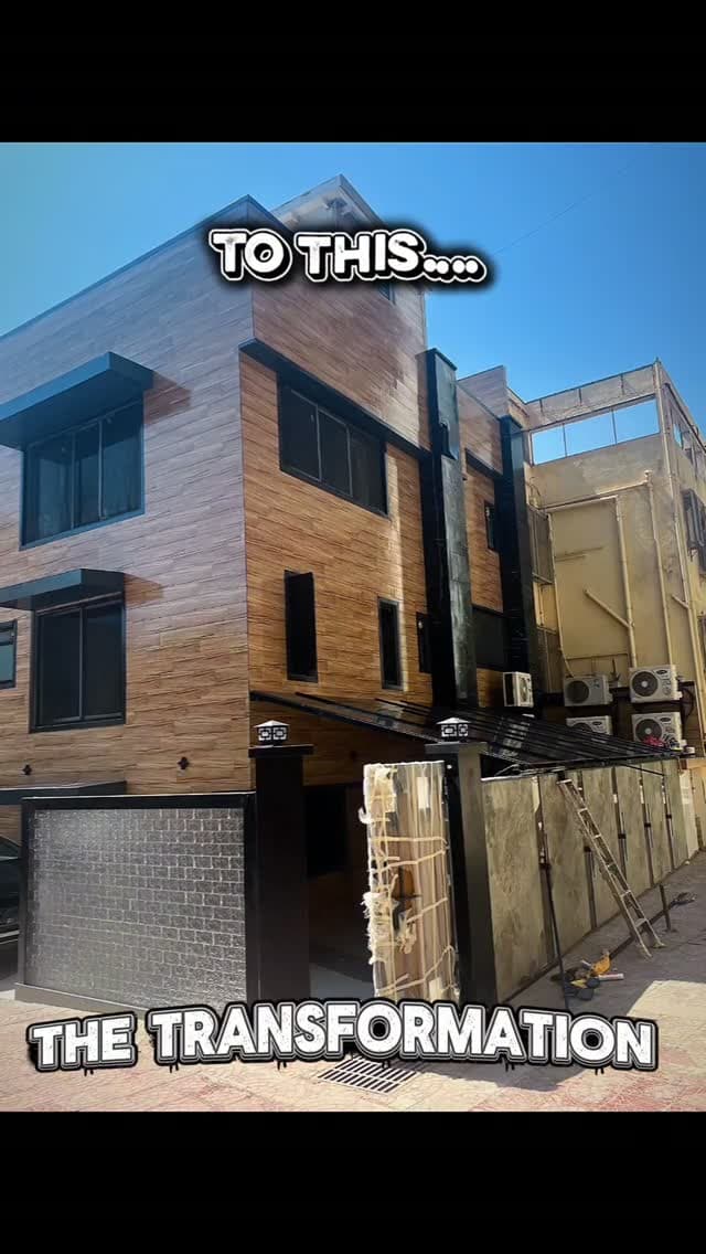 Restored three-storey bungalow in Juhu with a new wood-effect façade and dark window frames, titled The Transformation.